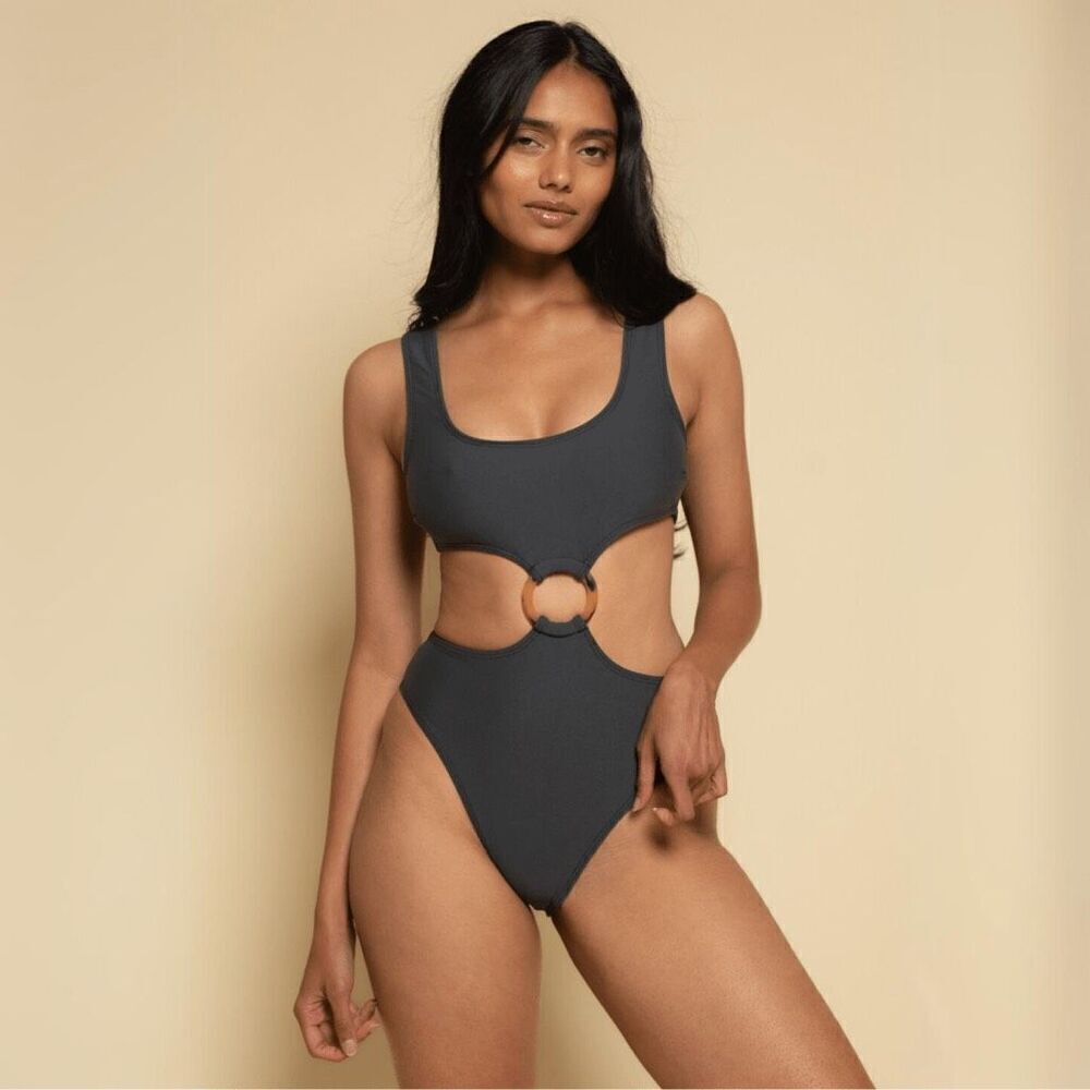 Montce Women's Charcoal Ky Rib Cutout One Piece Swimsuit Large NWOT